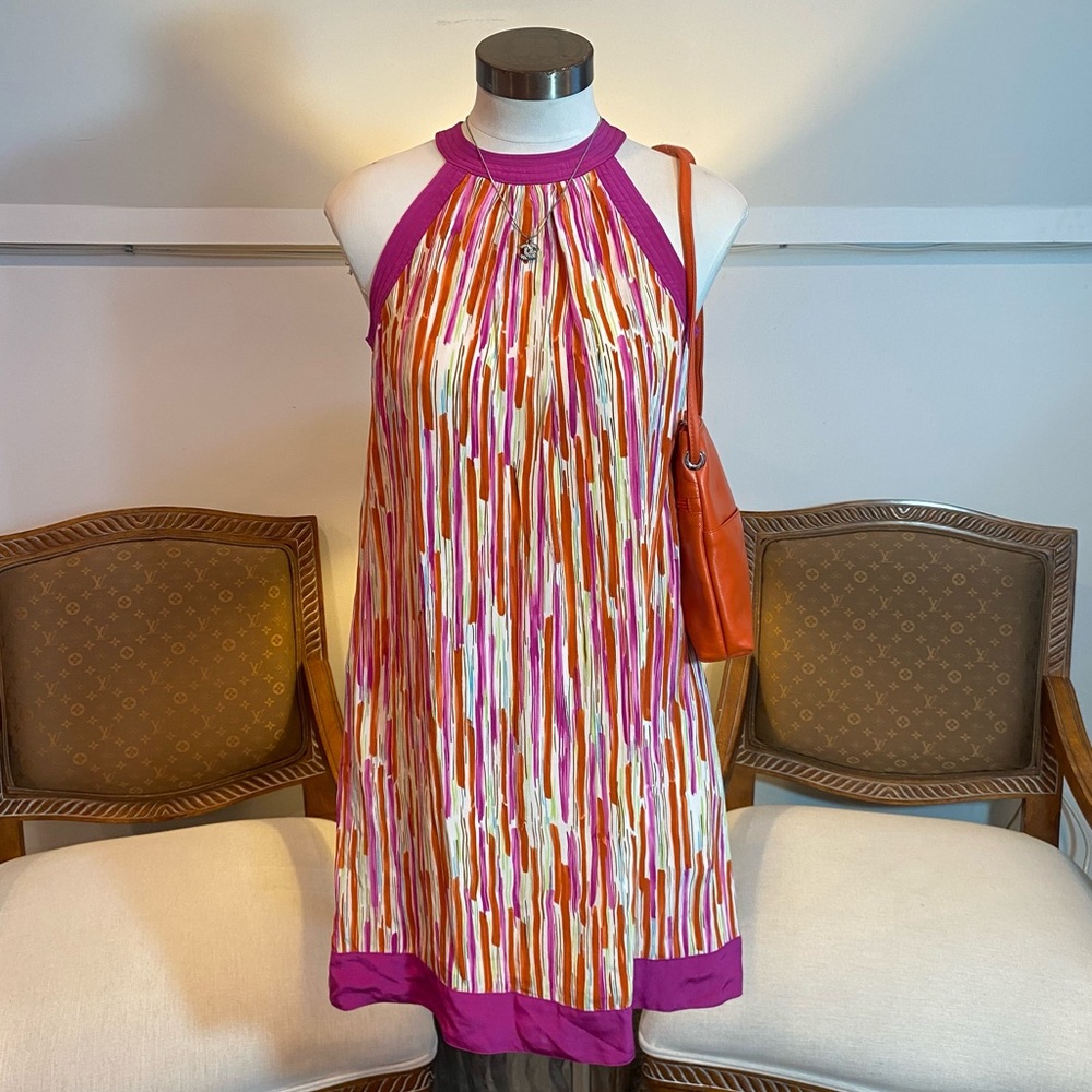 Worth Y2K Pink & Orange 100% Silk Striped Mini Dress, Size Small, Preppy Spring